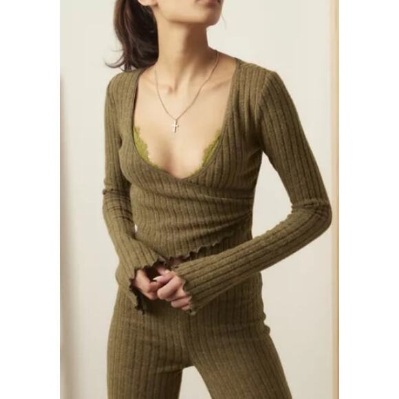 UO Out From Under Lila Brushed Rib Wrap Top | Olive Green | Women’s Small - Picture 2 of 10